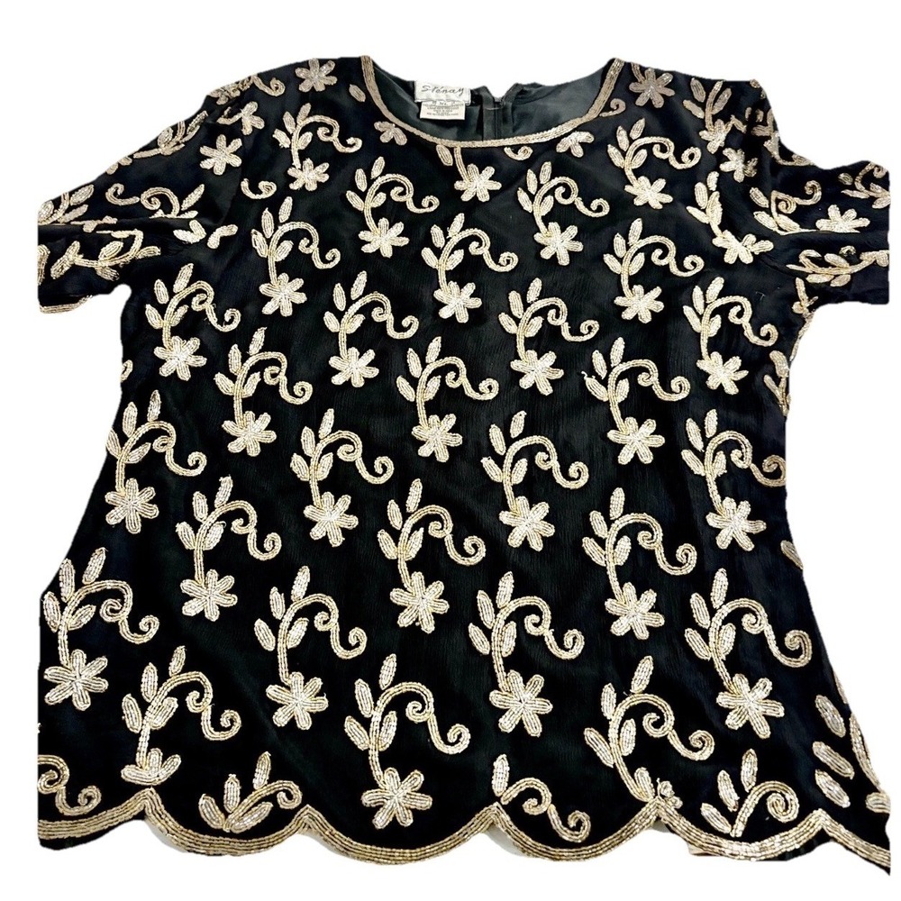 Vtg Stenay Black Gold Silk Beaded Top SS Formal Back zip XL Scalloped Regal